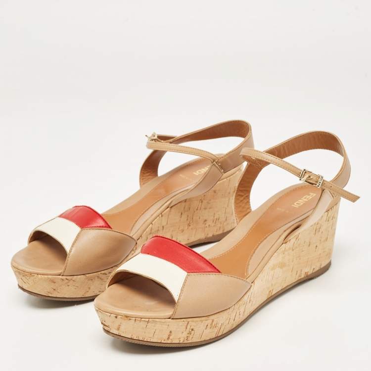 Pre Owned Fendi Tricolor Leather Cork Wedge Ankle Strap Sandals Size 39