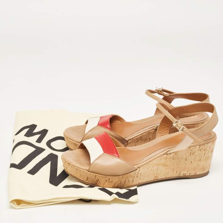 Pre Owned Fendi Tricolor Leather Cork Wedge Ankle Strap Sandals Size 39