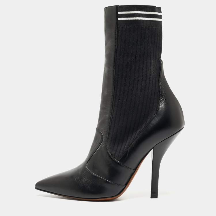 Pre Owned Fendi Black Leather and Fabric Ankle Boots Size 38