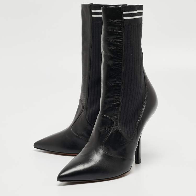Pre Owned Fendi Black Leather and Fabric Ankle Boots Size 38