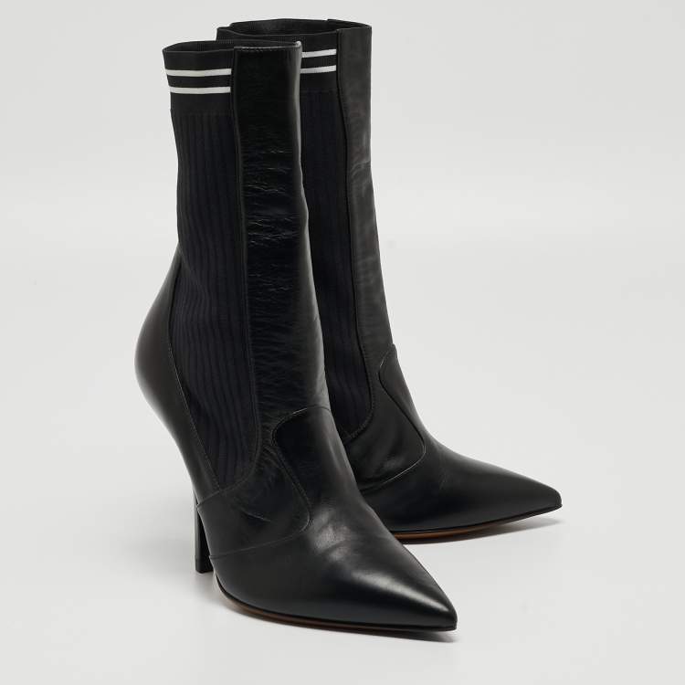 Pre Owned Fendi Black Leather and Fabric Ankle Boots Size 38