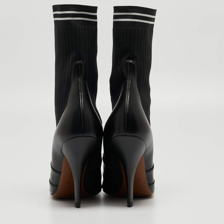 Pre Owned Fendi Black Leather and Fabric Ankle Boots Size 38