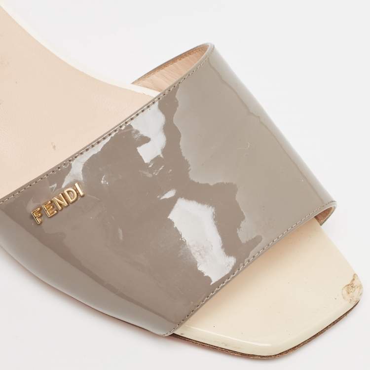 Pre Owned Fendi Grey Patent Leather Slide Sandals Size 40