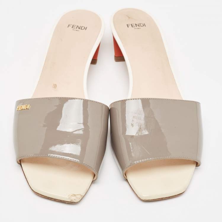 Pre Owned Fendi Grey Patent Leather Slide Sandals Size 40