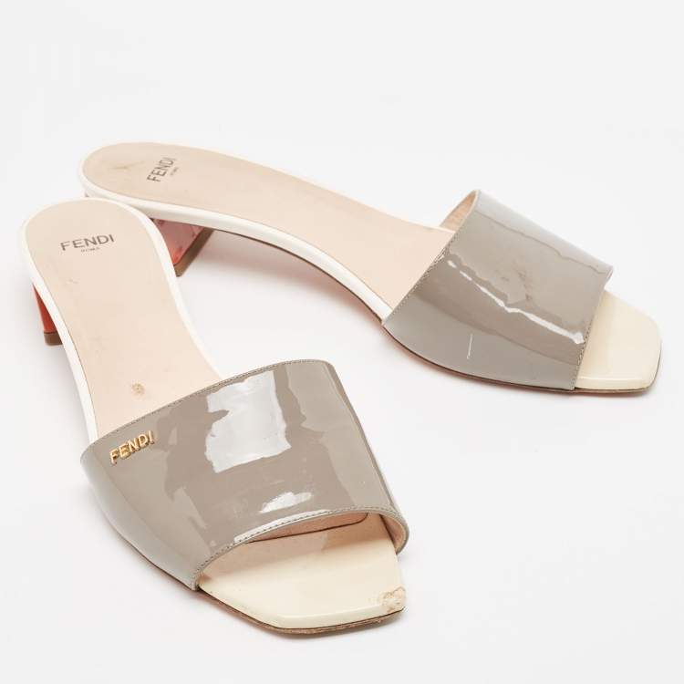 Pre Owned Fendi Grey Patent Leather Slide Sandals Size 40
