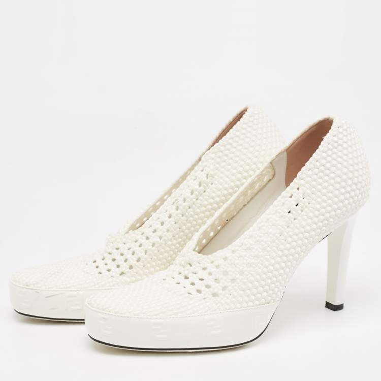 Pre Owned Fendi White Woven Fabric Square Pumps Size 41