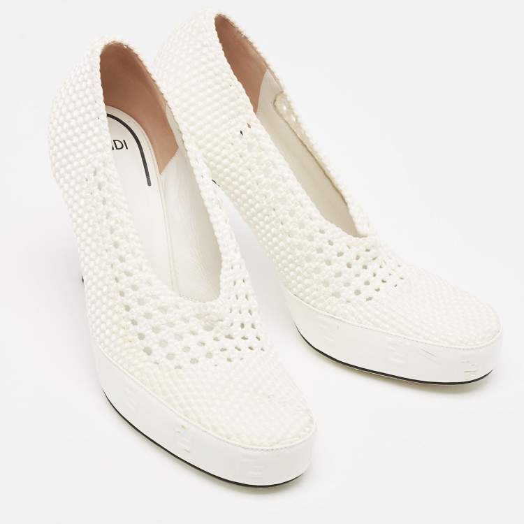 Pre Owned Fendi White Woven Fabric Square Pumps Size 41