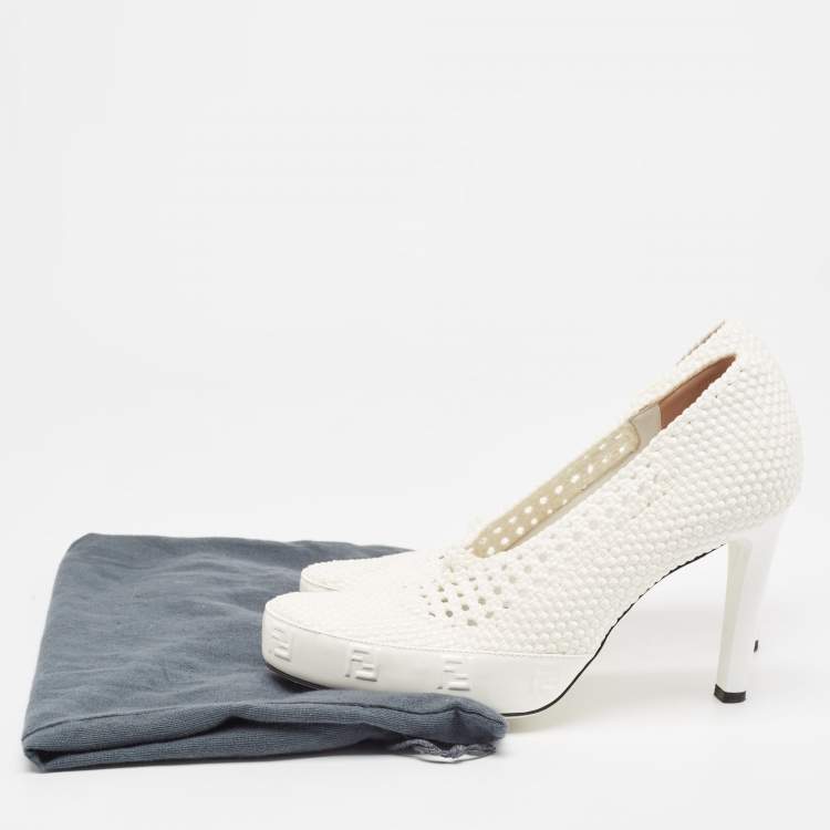 Pre Owned Fendi White Woven Fabric Square Pumps Size 41