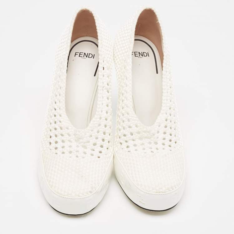 Pre Owned Fendi White Woven Fabric Square Pumps Size 41