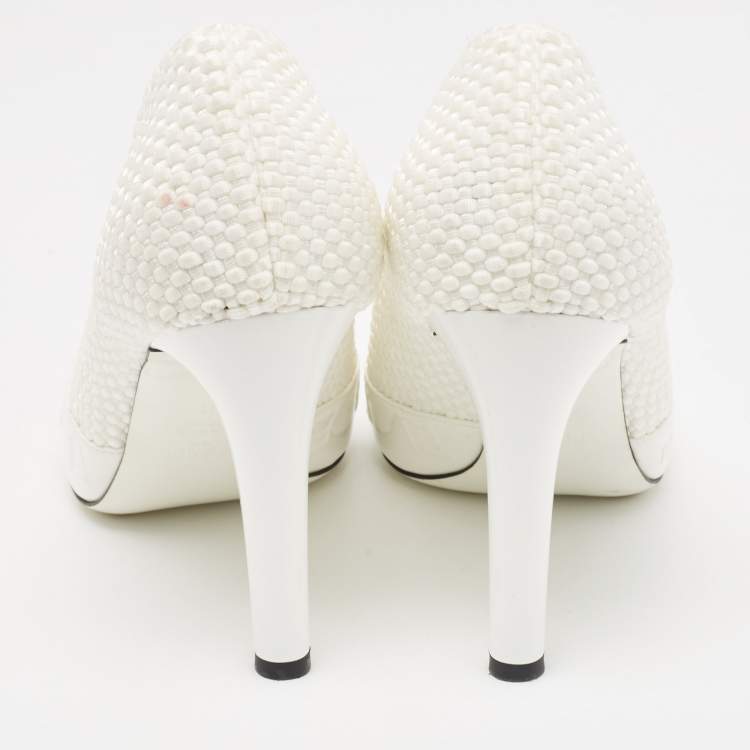 Pre Owned Fendi White Woven Fabric Square Pumps Size 41