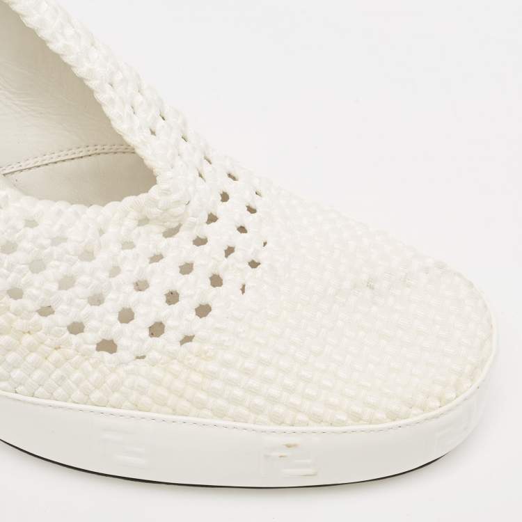 Pre Owned Fendi White Woven Fabric Square Pumps Size 41