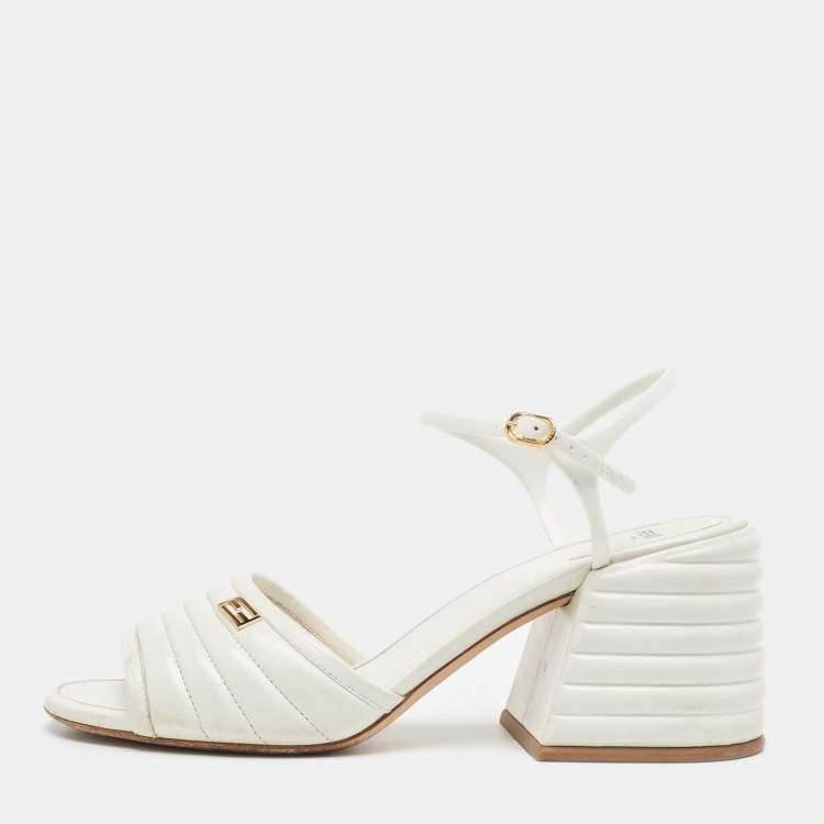 Pre Owned Fendi White Leather and Rubber Block Heel Sandals Size 41