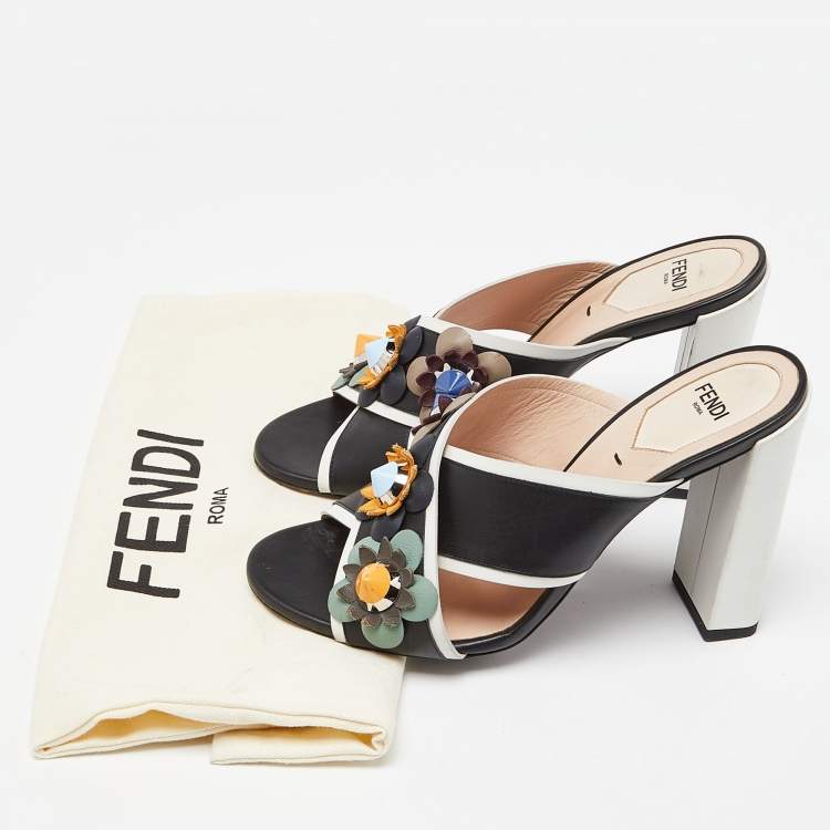 Pre Owned Fendi Black/White Leather Embellished Flowerland Slide Sandals Size 37
