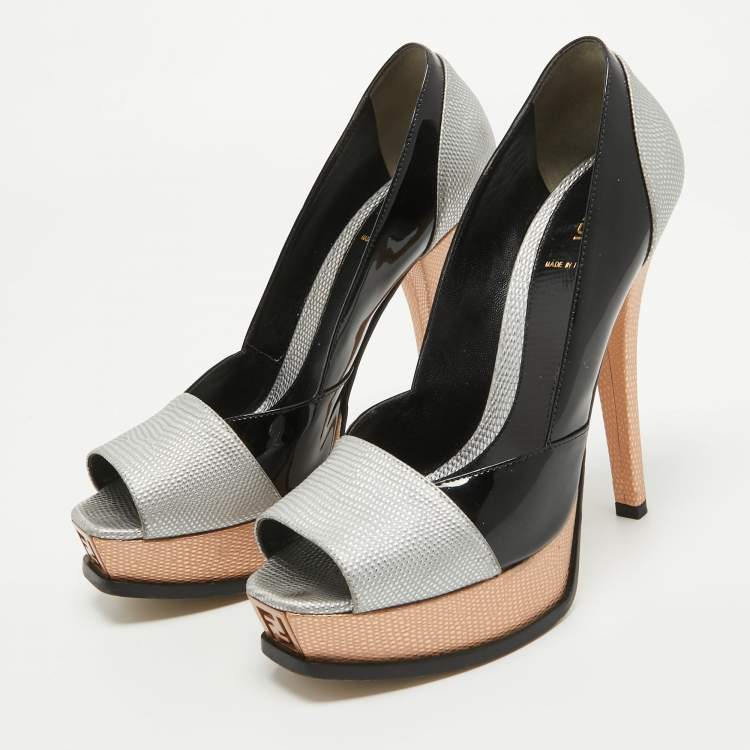 Pre Owned Fendi Multicolor Textured Leather Fendista Platform Peep Toe Pumps Size 40