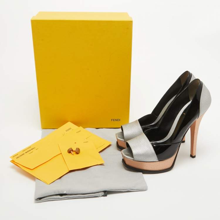 Pre Owned Fendi Multicolor Textured Leather Fendista Platform Peep Toe Pumps Size 40