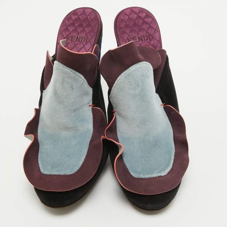 Pre Owned Fendi Multicolor Velvet and Nubuck Leather Mules Size 39