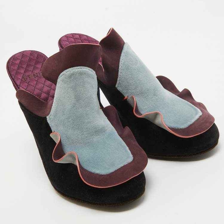 Pre Owned Fendi Multicolor Velvet and Nubuck Leather Mules Size 39