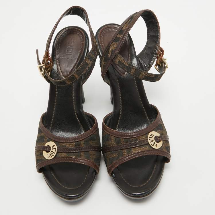 Pre Owned Fendi Brown Zucca Canvas and Leather Ankle Strap Sandals Size 40.5 