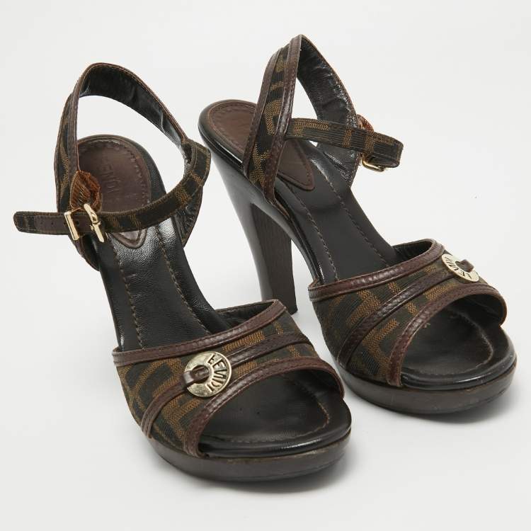 Pre Owned Fendi Brown Zucca Canvas and Leather Ankle Strap Sandals Size 40.5 