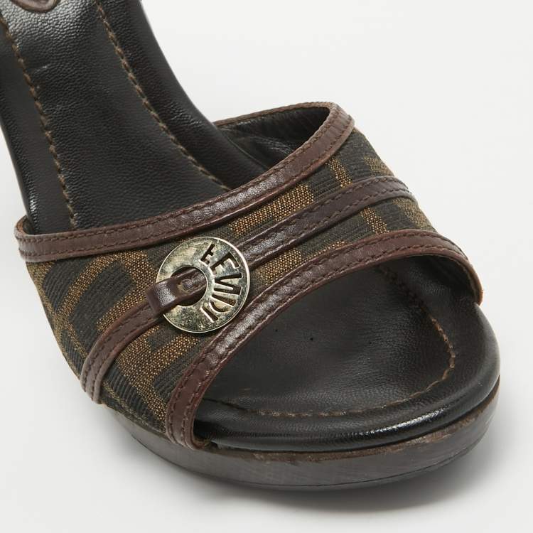 Pre Owned Fendi Brown Zucca Canvas and Leather Ankle Strap Sandals Size 40.5 
