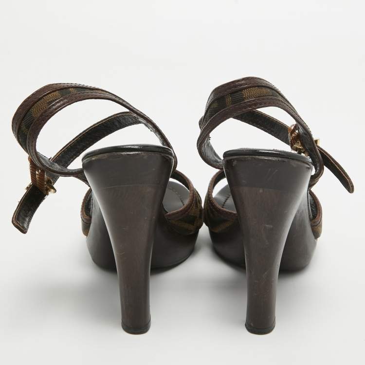 Pre Owned Fendi Brown Zucca Canvas and Leather Ankle Strap Sandals Size 40.5 