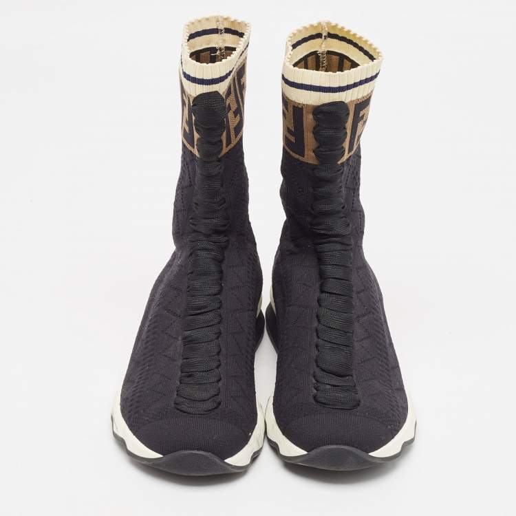 Pre Owned Fendi Black Knit Fabric Rockoko High Top Sneakers Size 38    