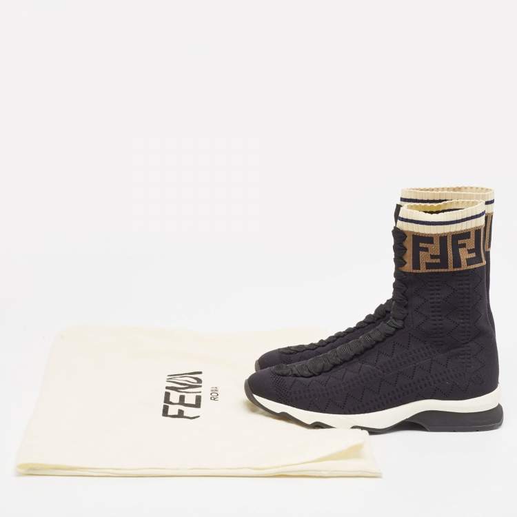 Pre Owned Fendi Black Knit Fabric Rockoko High Top Sneakers Size 38    