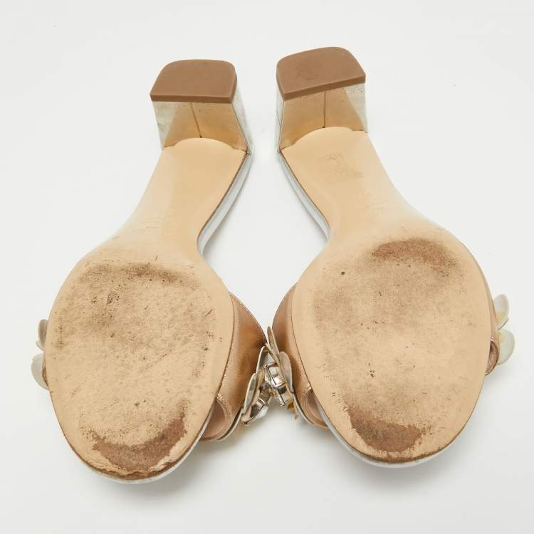Pre Owned Fendi Metallic Leather Crystal Embellished Flowerland Slide Sandals Size 37