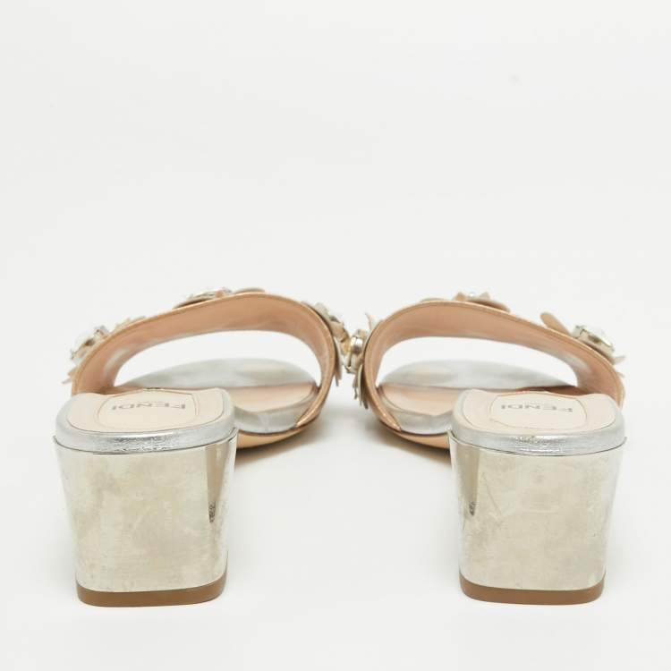 Pre Owned Fendi Metallic Leather Crystal Embellished Flowerland Slide Sandals Size 37