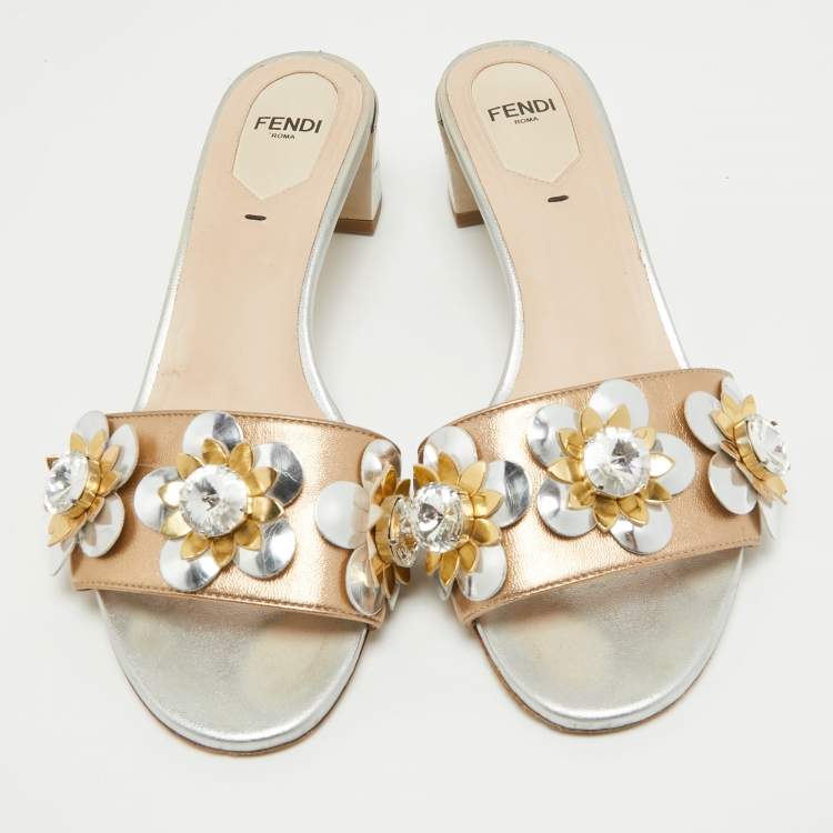 Pre Owned Fendi Metallic Leather Crystal Embellished Flowerland Slide Sandals Size 37