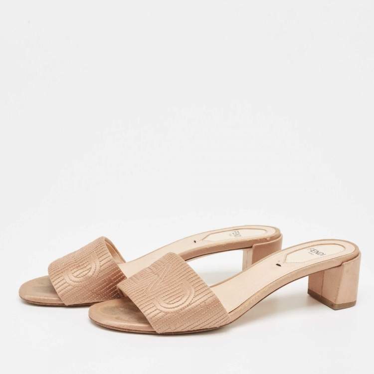 Pre Owned Fendi Beige Satin Logo Embroidered Slide Sandals Size 37