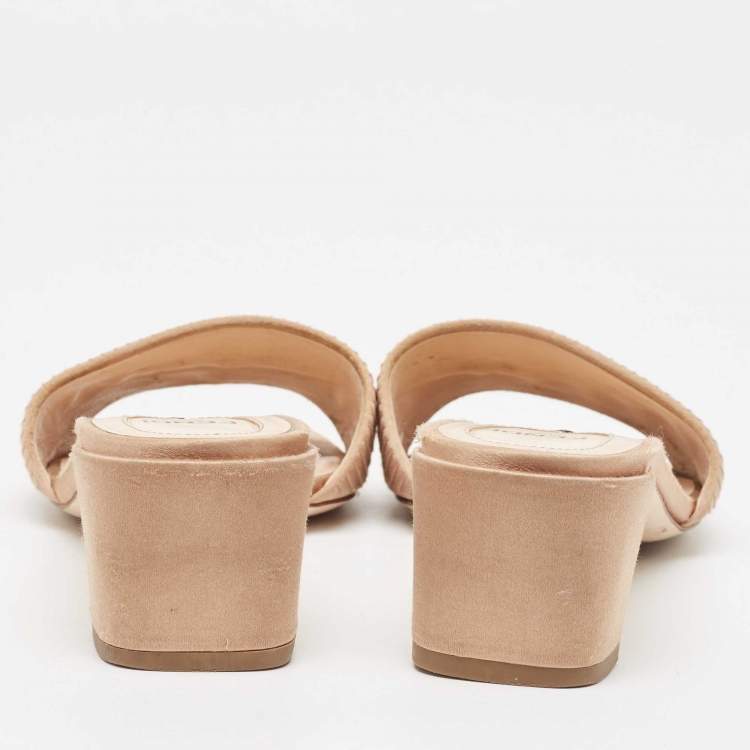 Pre Owned Fendi Beige Satin Logo Embroidered Slide Sandals Size 37