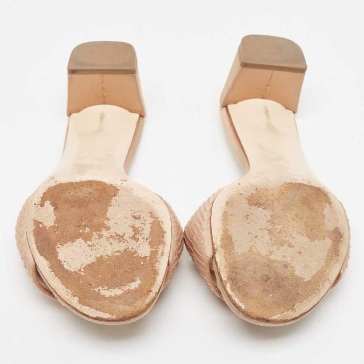Pre Owned Fendi Beige Satin Logo Embroidered Slide Sandals Size 37