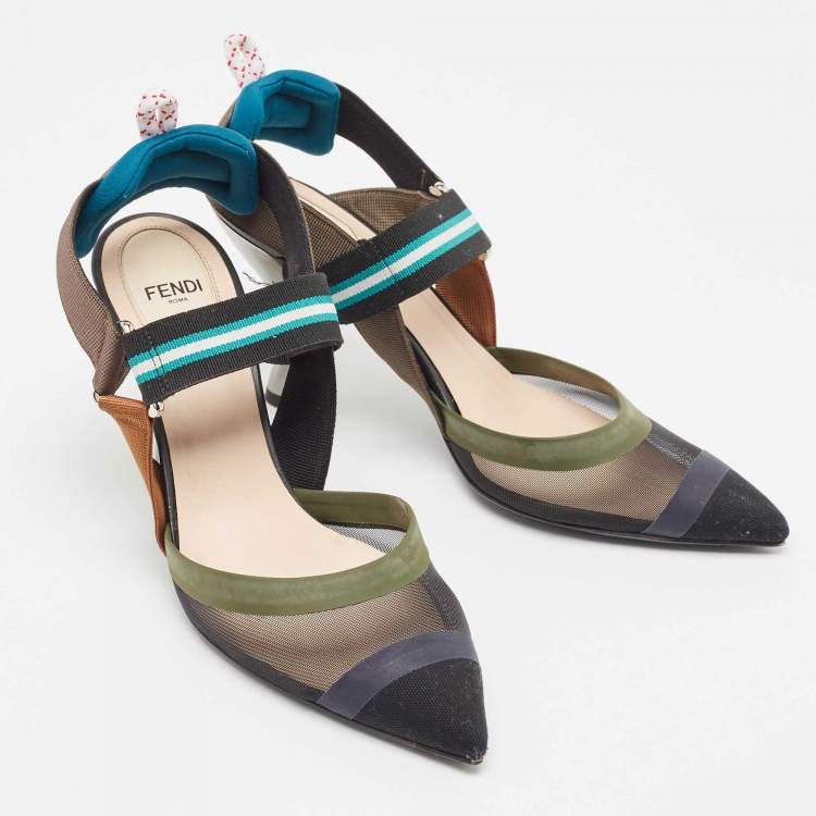Pre Owned Fendi Black Mesh and Fabric Colibri Slingback Pumps Size 37.5