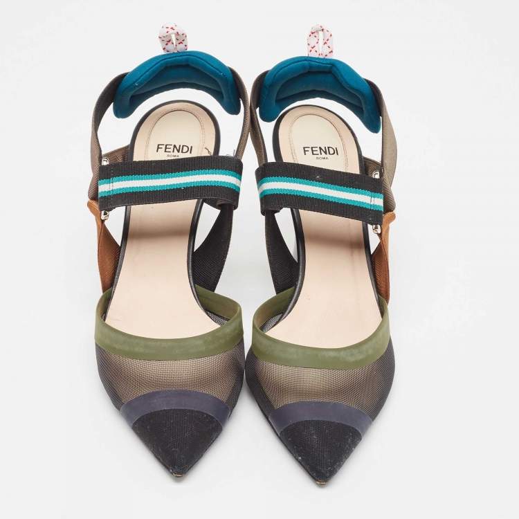 Pre Owned Fendi Black Mesh and Fabric Colibri Slingback Pumps Size 37.5