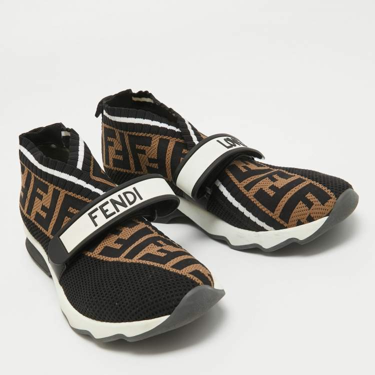 Pre Owned Fendi Black/Tobacco Zucca Knit Fabric Rockoko Sneakers Size 37