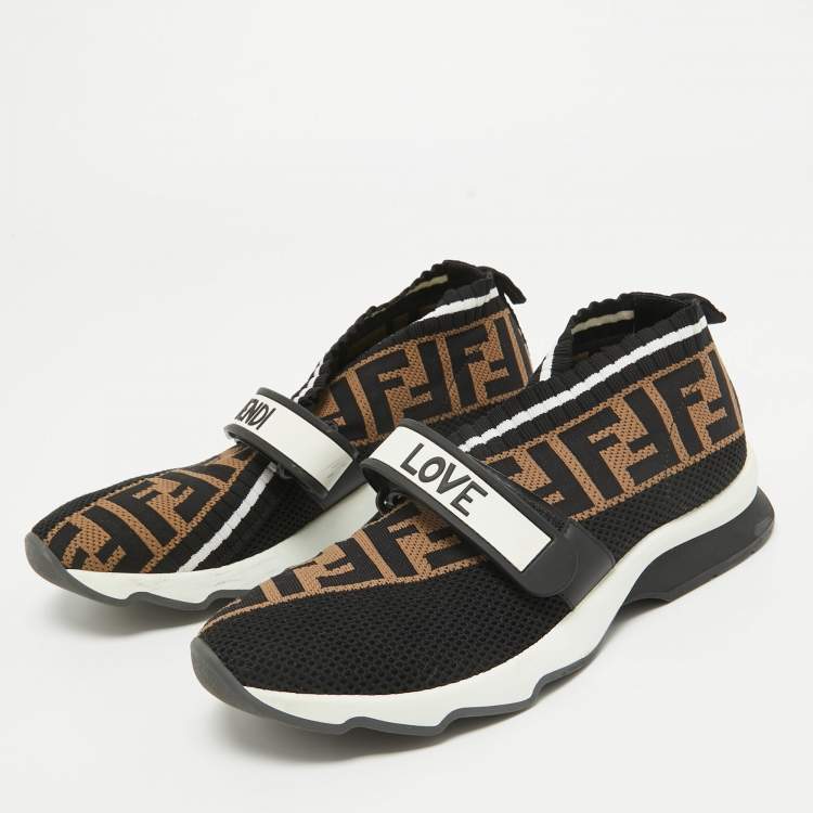 Pre Owned Fendi Black/Tobacco Zucca Knit Fabric Rockoko Sneakers Size 37
