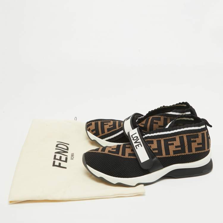 Pre Owned Fendi Black/Tobacco Zucca Knit Fabric Rockoko Sneakers Size 37