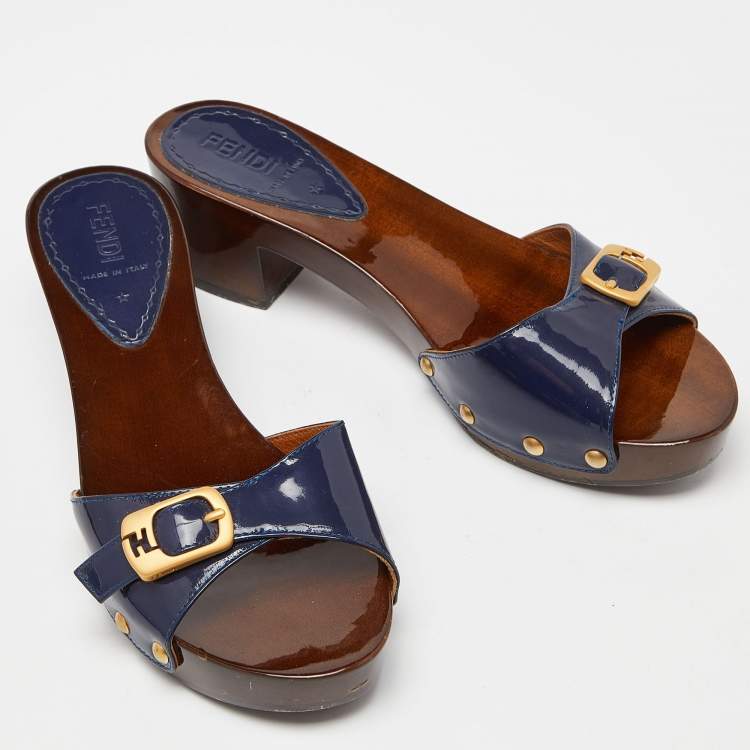 Pre Owned Fendi Blue Patent Leather Block Heel Slide Mules Size 37