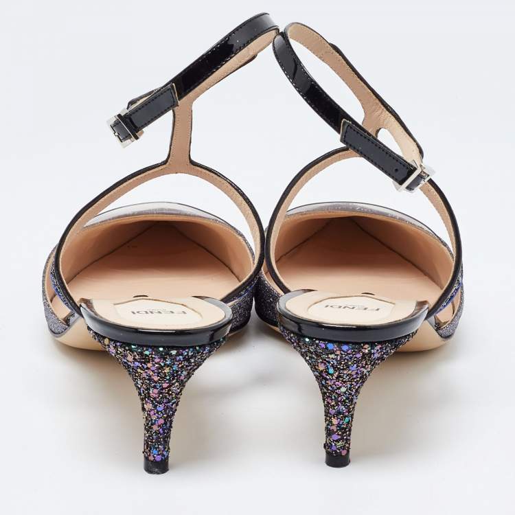 Pre Owned Fendi Black/Grey PVC and Patent Leather Glitter Ankle Strap Sandals Size 42