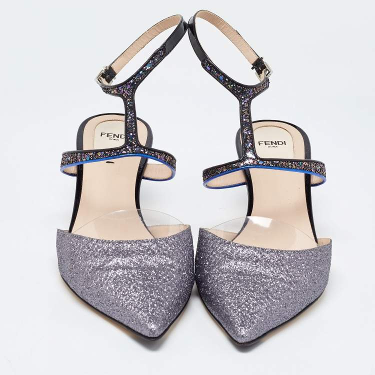 Pre Owned Fendi Black/Grey PVC and Patent Leather Glitter Ankle Strap Sandals Size 42