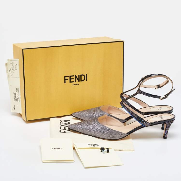 Pre Owned Fendi Black/Grey PVC and Patent Leather Glitter Ankle Strap Sandals Size 42