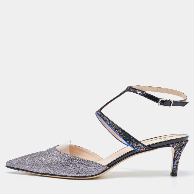 Pre Owned Fendi Black/Grey PVC and Patent Leather Glitter Ankle Strap Sandals Size 42