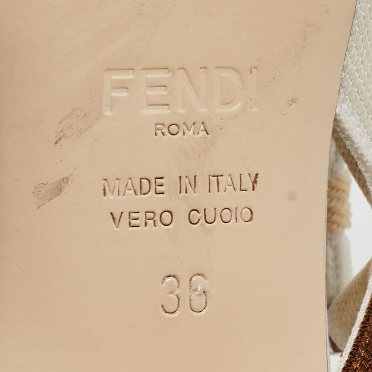 Pre Owned Fendi White/Brown Perforated Leather and Fabric Colibri Slingback Pumps Size 36