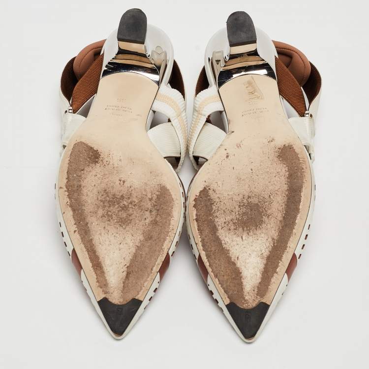 Pre Owned Fendi White/Brown Perforated Leather and Fabric Colibri Slingback Pumps Size 36