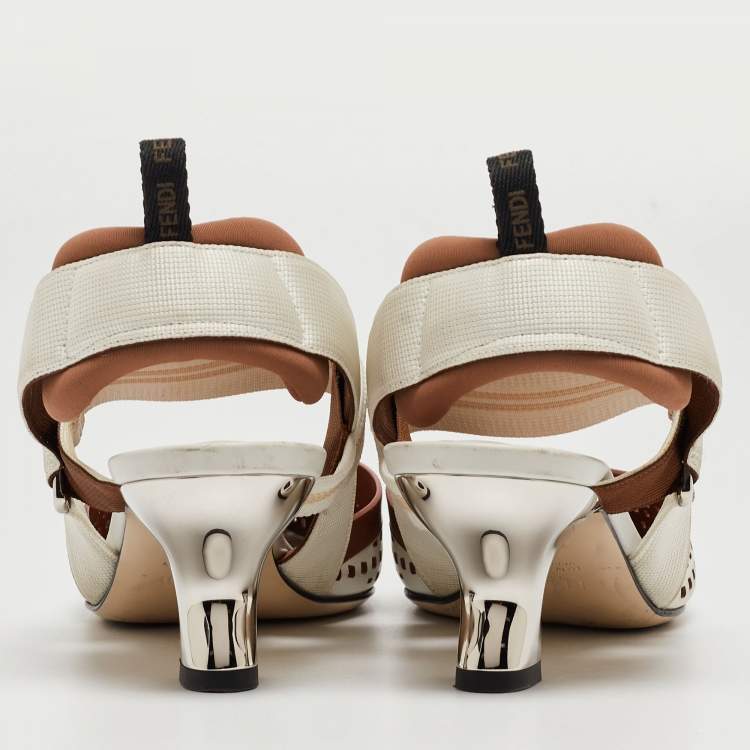Pre Owned Fendi White/Brown Perforated Leather and Fabric Colibri Slingback Pumps Size 36