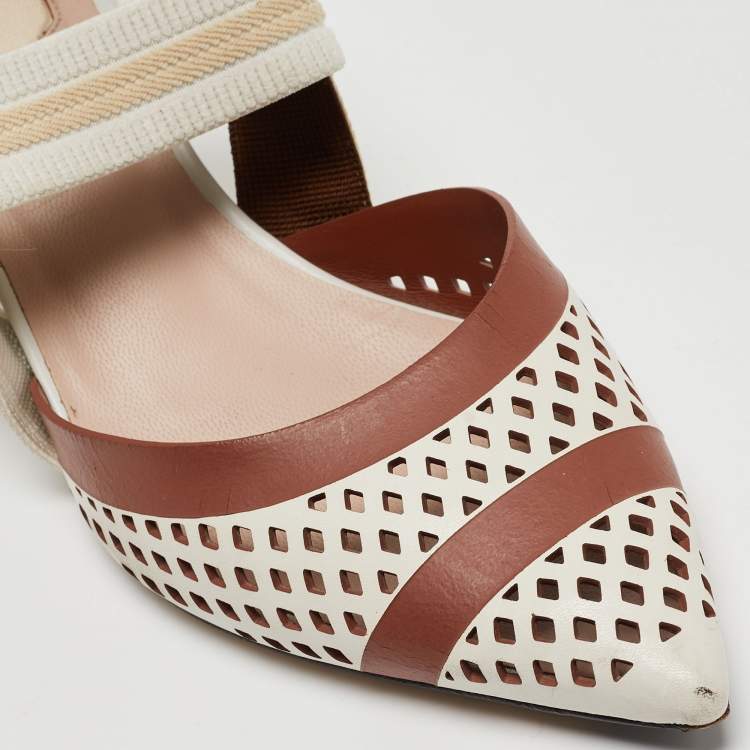 Pre Owned Fendi White/Brown Perforated Leather and Fabric Colibri Slingback Pumps Size 36