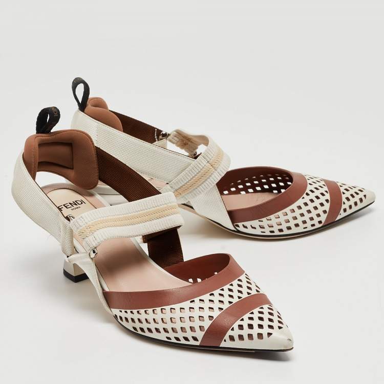 Pre Owned Fendi White/Brown Perforated Leather and Fabric Colibri Slingback Pumps Size 36