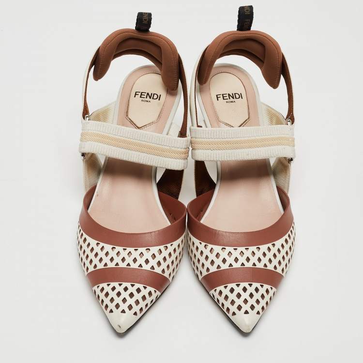 Pre Owned Fendi White/Brown Perforated Leather and Fabric Colibri Slingback Pumps Size 36