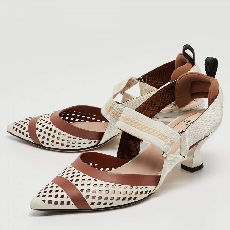 Pre Owned Fendi White/Brown Perforated Leather and Fabric Colibri Slingback Pumps Size 36